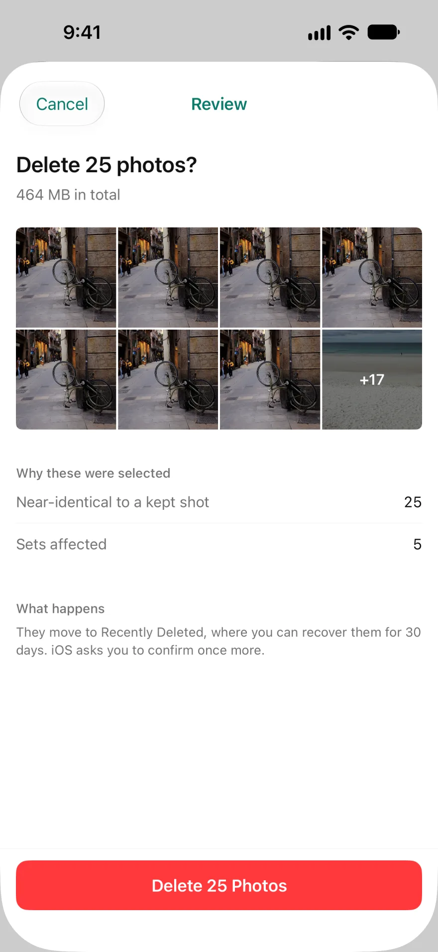 The review sheet that follows: Delete 25 photos, 464 MB, and why each was selected.