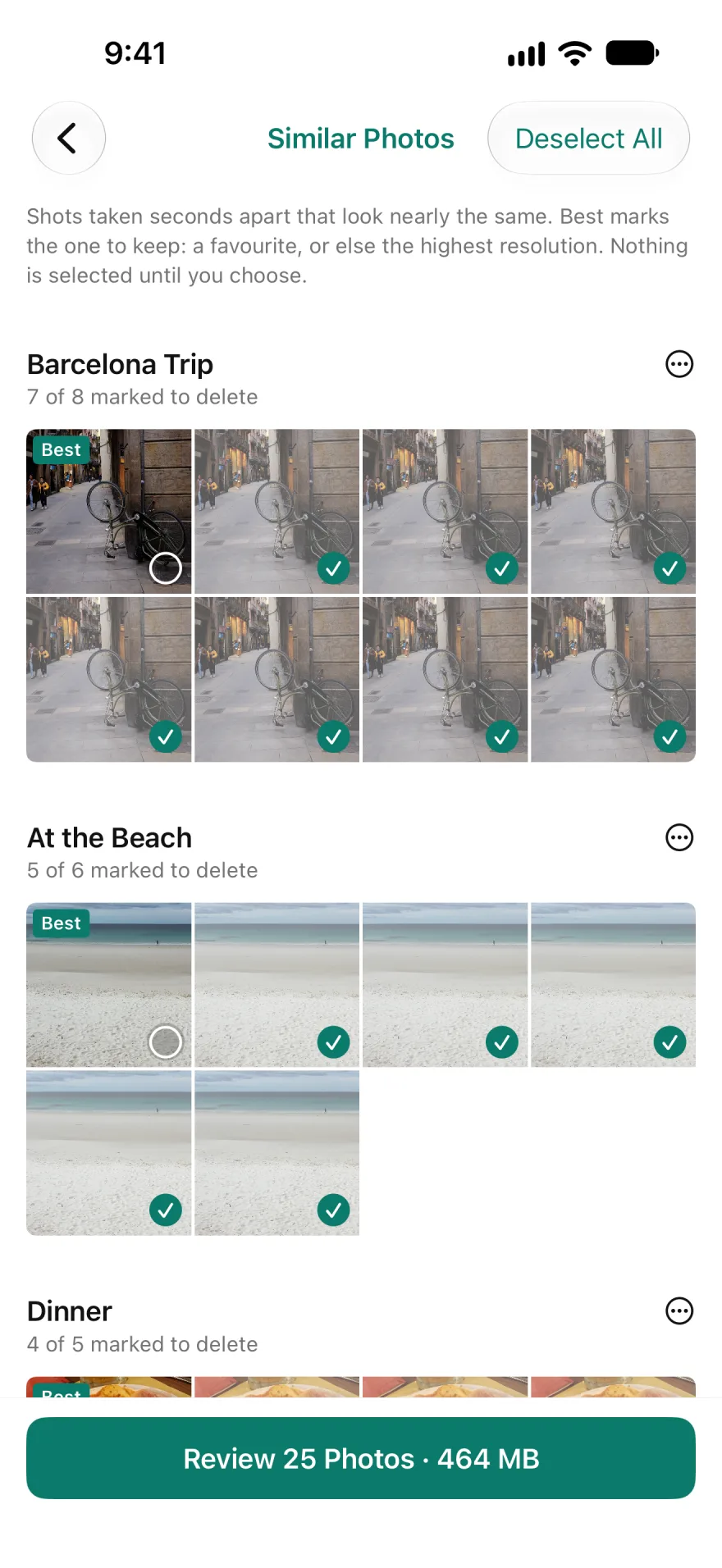 Clenlo’s Similar Photos screen. In each set of near-identical shots one is marked Best and kept; the others are checked for review.